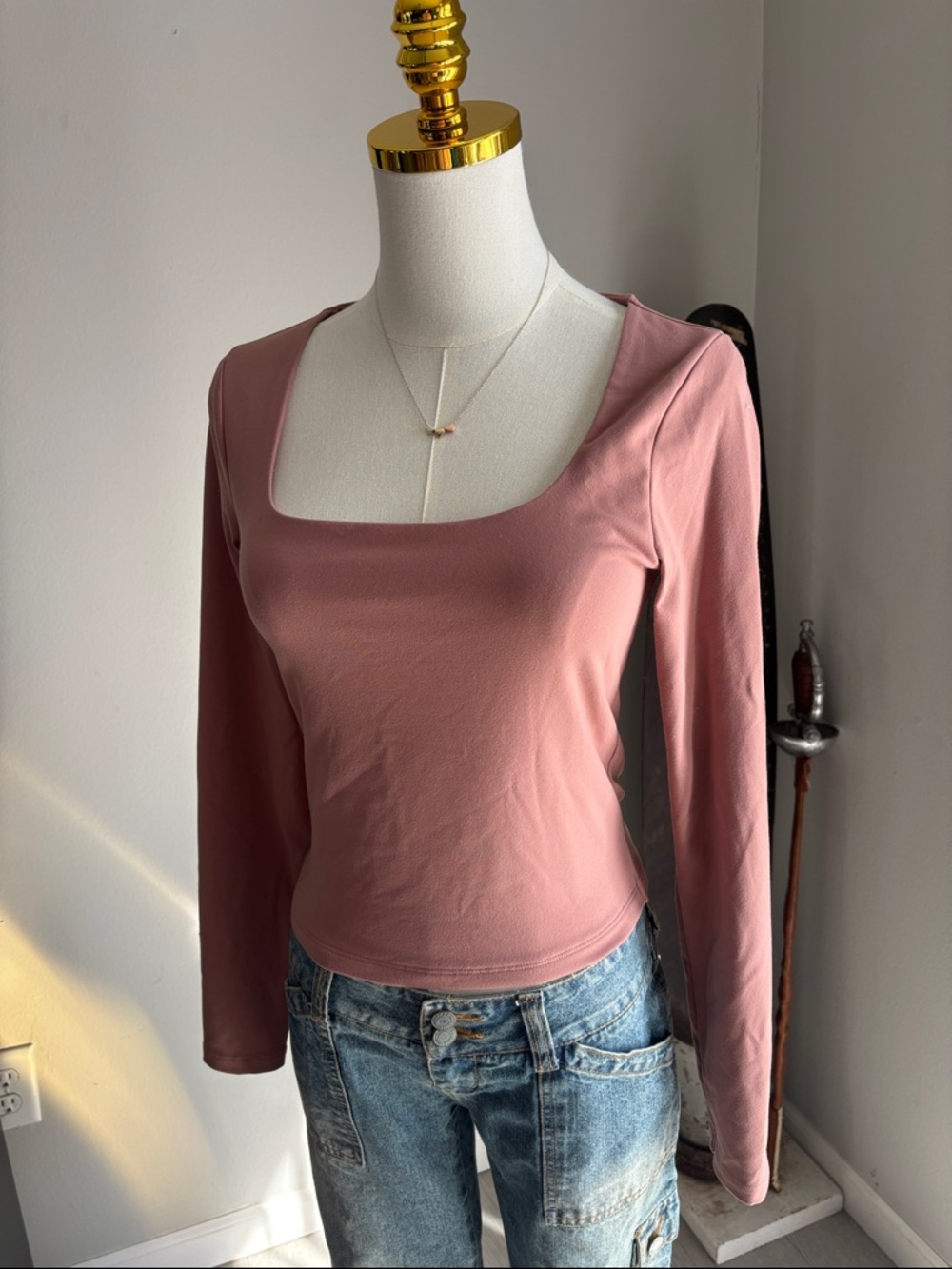 Abercrombie & Fitch Rose Mauve Long-Sleeve Square Neck Top